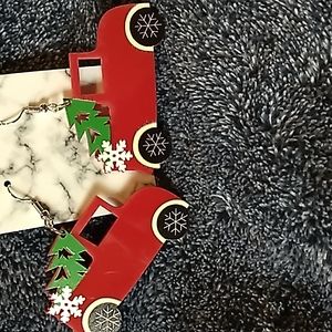 Acrylic Red Truck Christmas Earrings 2 1/8 x 1 5/8 inches Red, Black & Green